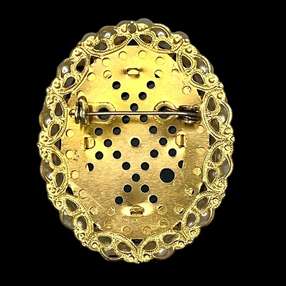 Vintage Cameo 90’s Brooch Pin Oval Gold Black Pearls - Picture 4 of 5